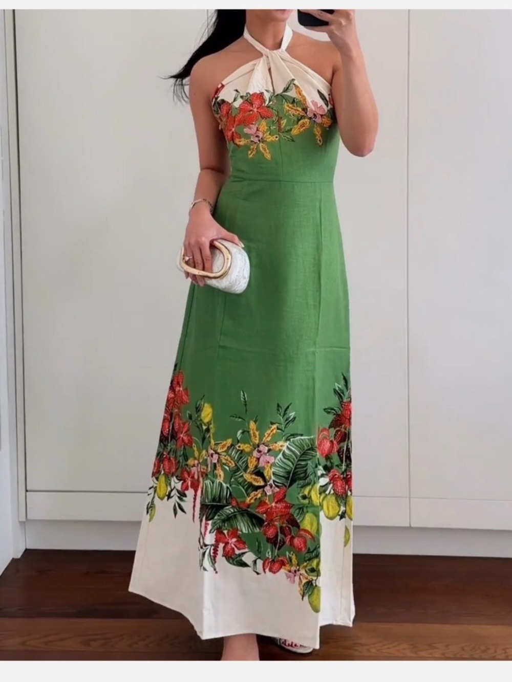 H&M Premium women's Linen-blend Green and Floral Midi Dress - Picture 13 of 15